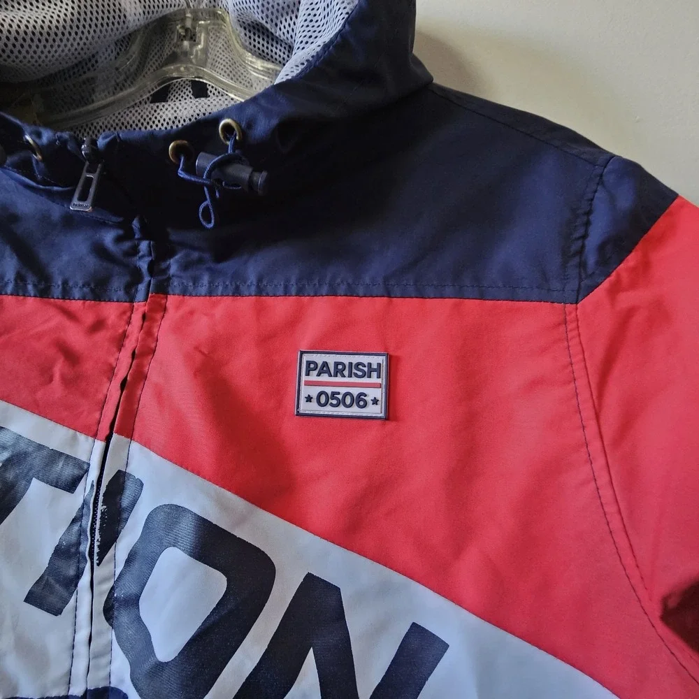 Parish Nation Windbreaker‎ Men's Size Large Blue Red White Full Zip Jacket